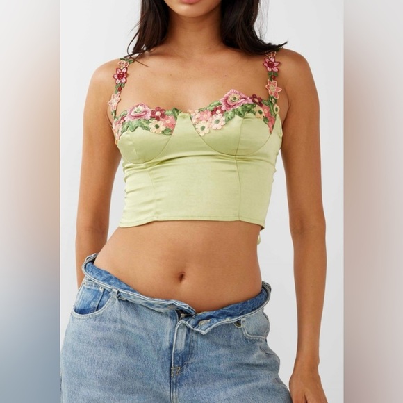 NWT Selfie Leslie Rose Garden Crop Top Satin Lime XS - Picture 2 of 7